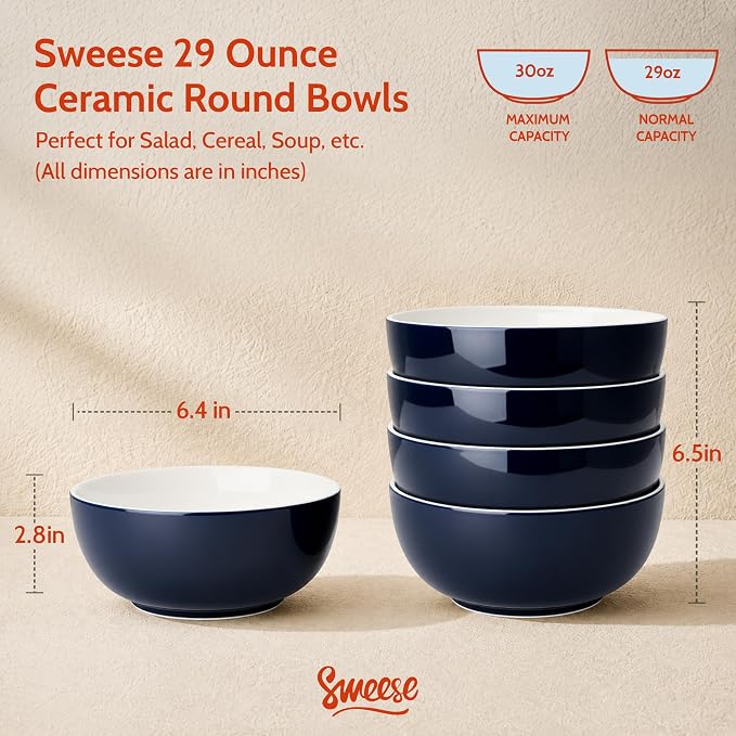 Sweese Ceramic Soup Bowl Set of 4, 29 oz Round Pasta Bowl Stackable Serving Bowl - Image 2