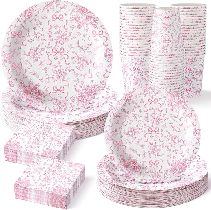LemonRoad 150 Pcs Pink Bow Floral Disposable Plates and Napkins Bow Coquette by Unknown