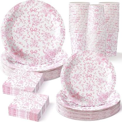 LemonRoad 150 Pcs Pink Bow Floral Disposable Plates and Napkins Bow Coquette by Unknown