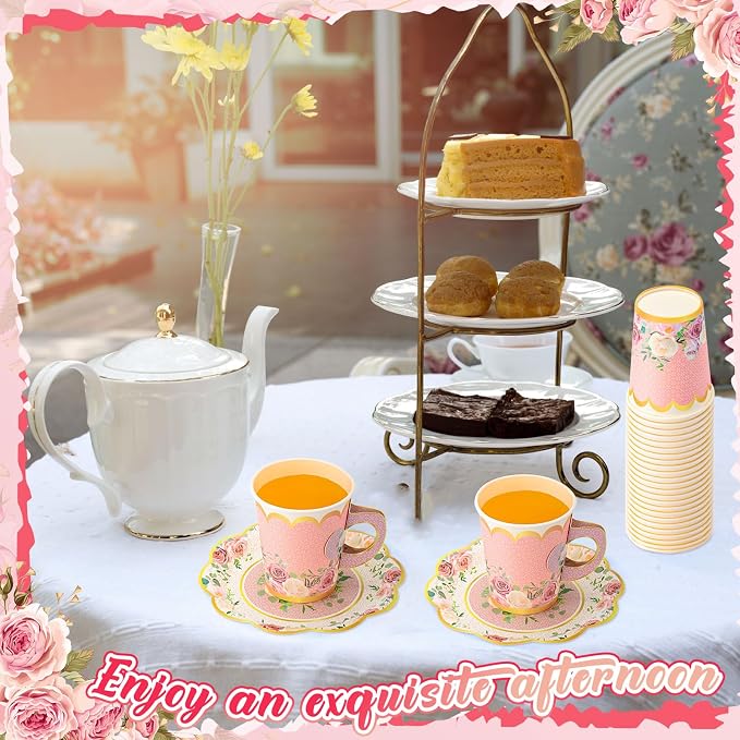 Tioncy 100 Pcs Tea Party Decorations Include 50 Pieces 9 oz Paper Tea Cups - Image 7