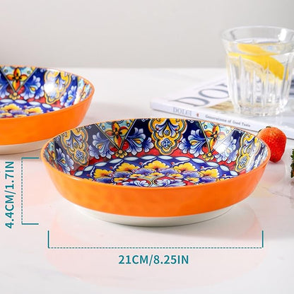 Bohemian Decorative Bowls for Salad, Fruit, 25 oz Pasta and Dinner, Serving Bowls Set for Party, Dishwasher & Microwave Safe (Orange+Red+Blue+Green, 8 Inch)