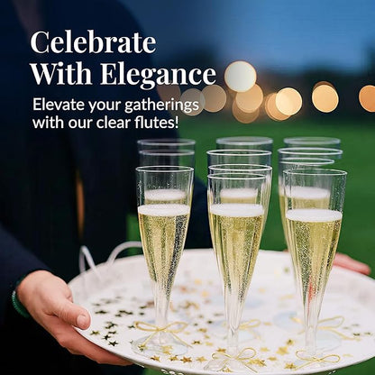 Prestee 100 Pack Clear Plastic Champagne Flutes - 4.5 oz Durable Disposable Champagne Glasses for Parties, Weddings, Toasting and Large Celebrations - Elegant Wine Glasses Stemware for Easy Cleanup