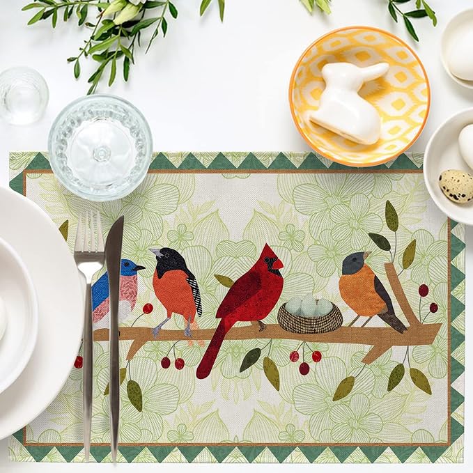 Seliem Spring Birds Tree Branches Placemats Set of 4 | Cardinal Bluebird - Image 4