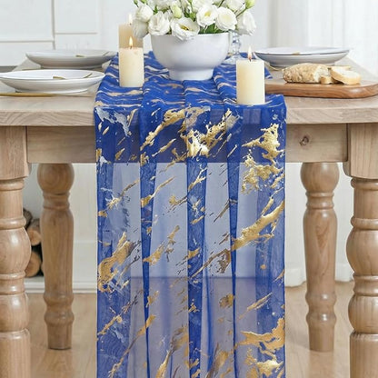Artoid Mode Marble Pattern Dark Blue Gauze Table Runner 10FT, Glitter Metallic - Image 2