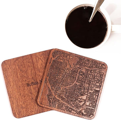 Buffalo, NY Map Coaster by O3 Design Studio, Set of 4, Sapele Wooden Coaster with city map, Multiple city optional, Handmade