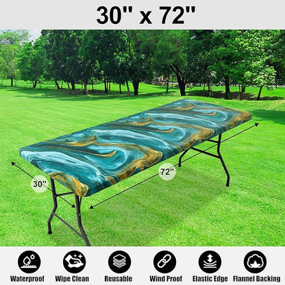 Smiry Rectangle Table Cloth Cover, Waterproof Elastic Fitted Picnic Tablecloth for 6 Foot Tables, Wipeable Flannel Backed Vinyl Tablecloths for Camping, Dining, Outdoor (Teal & Gold, 30" x 72")