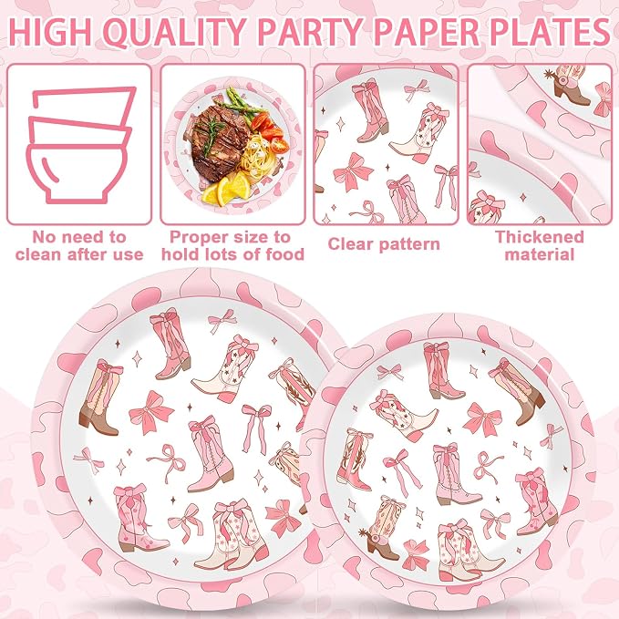 96Pcs Coquette Bow Cowgirl Happy Birthday Party Supplies Western Cowgirl Plates - Image 3