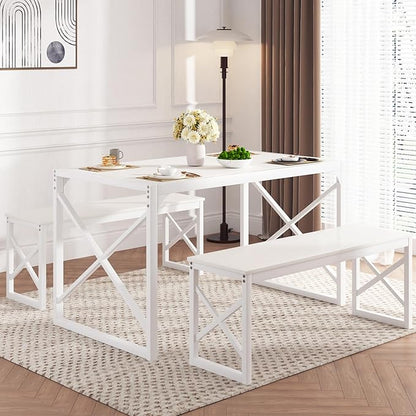 VECELO Kitchen Dining Table Sets for 6, 55" Wood Dinette 2 Benches with Metal Frame for Dinner Breakfast Nook and Small Space, White