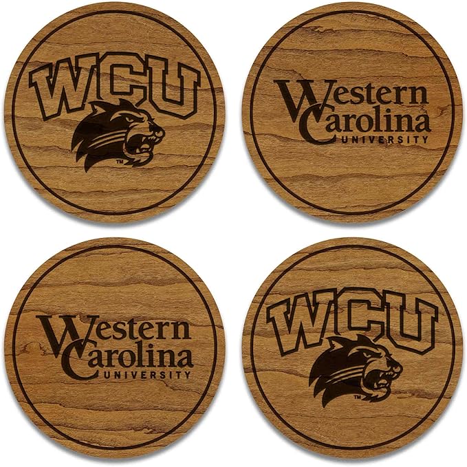 LazerEdge Western Carolina Catamounts Wooden Coaster Set - Cherry Wood - Officially Licensed Product - 4-Pack