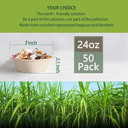 24 Oz Disposable Paper Bowls - Heavy Duty Disposable Bowls - Made from Natural Bagasse - Disposable Bowls for Hot Soup, Salad, Dessert, and More [50 Pack]