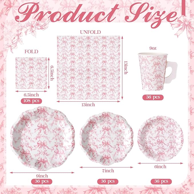Pickmesh 252 Pcs Pink Bow Floral Tea Party Supplies - Image 5