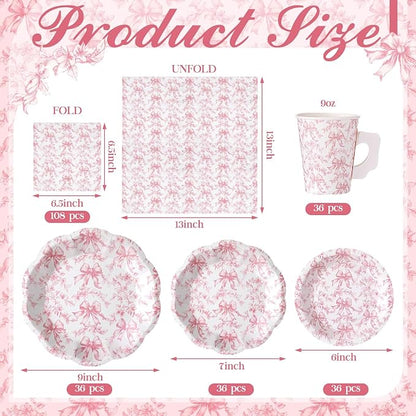 Pickmesh 252 Pcs Pink Bow Floral Tea Party Supplies - Image 5