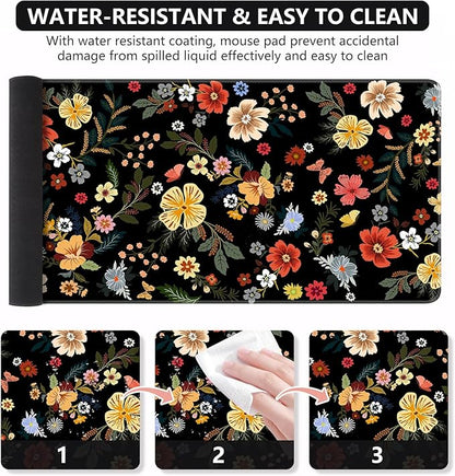iCasso Desk Matt for Desktop, Cute Desk Pad Mat, XXL Large Mouse Pad, Anti-Slip Big Mousepad with Stitched Edges, Keyboard Pad Mouse Mat for Computer, Work, Gaming (Floral)