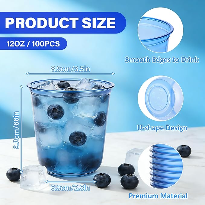 KesaPlan 100Pcs 12oz Blue Plastic Party Cups, Disposable Wine Cocktail Cups | - Image 3