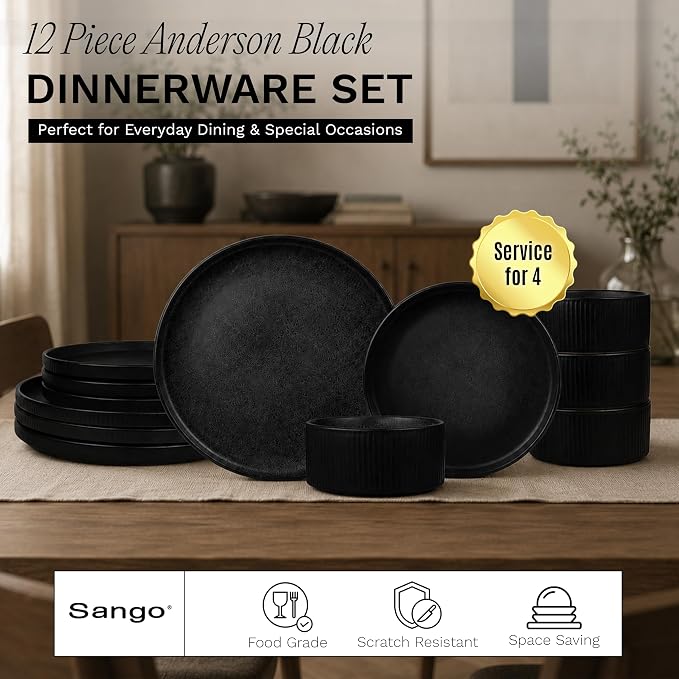 Sango 12 Pieces Stoneware Fluted Dinnerware Set, Modern Black Dishes - Image 2