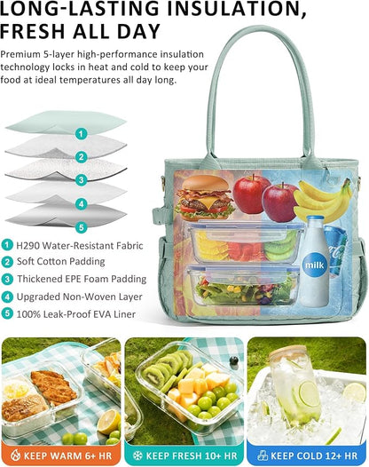 Lunch Box for Women Insulated Lunch Bag Quilted Soft Cooler Tote | 7 Pocket - Image 6