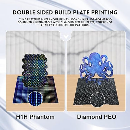 Double Sided H1H PEO Build Plate for Bambu Lab X1 X1C X1E P1P P1S P2S A1, Smooth Phantom H1H+Diamond PEO Spring Steel Sheet Flexible Plate 257x257mm for Bambu 3D Printers