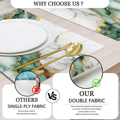 Mcalk Green Marble Table Runner and Placemats Set of 6, Marble Print Placemats, Modern Cloth Place Mats Indoor for Kitchen,Washable Linen Material for Dining Table