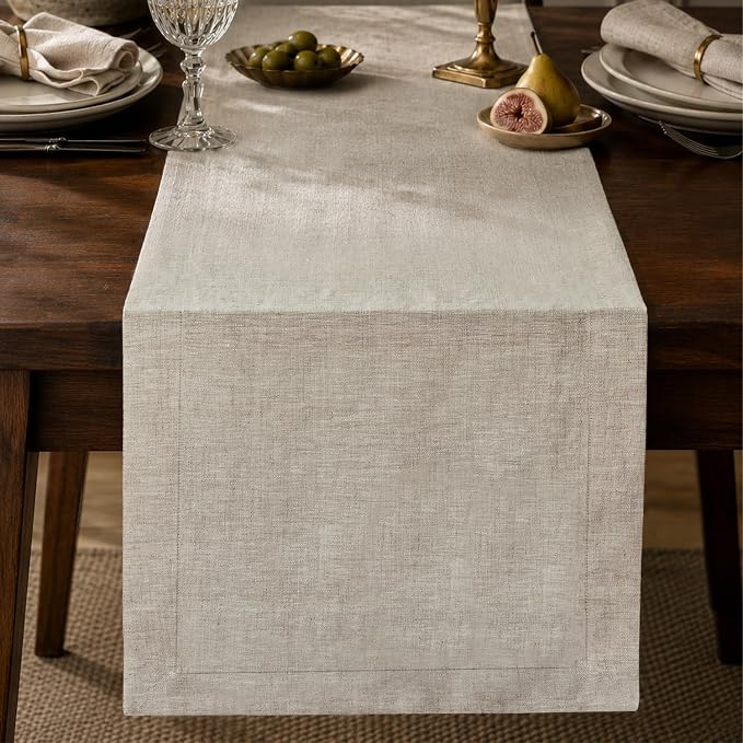 100% French Linen Table Runner 120", 210GSM Heavyweight Artisanry, Crease-Free by KINGSTONE