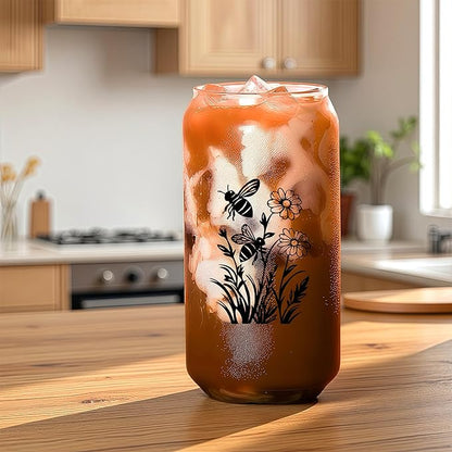Cute Bee Glass Cup With Lids And Straws, Bee Gift For Women, Iced, Coffee, Smoothie, Cocktail, Beer, Whiskey, Soda, Matcha,16 Oz, Home Office Table Desk Decoration!
