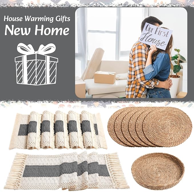 Boho Placemats 4/6/8 Set of Round Woven Placemat Macrame Style Bicolor - Image 7