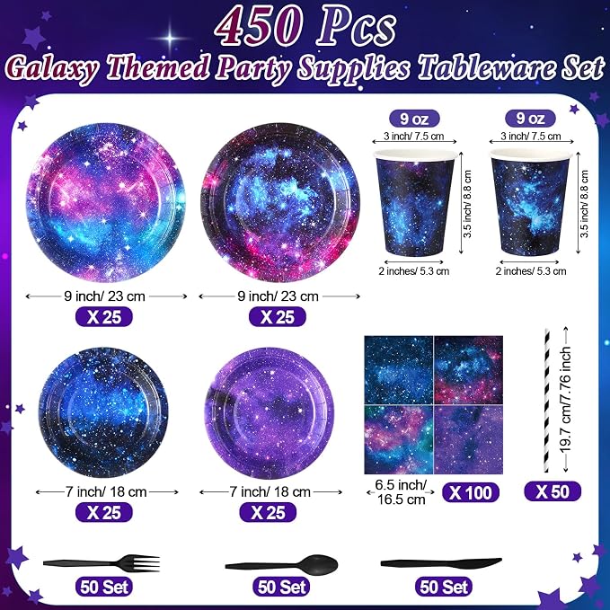 450 Pcs Space Galaxy Tableware Set Decorations, Serves 50 | Starry Paper Plates - Image 2