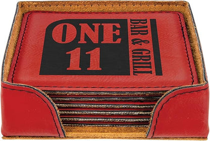Custom Engraved Coasters | Personalized Leather Coaster | Set of 6 | Drink Coasters with Holder | Laser Engraved | Tabletop Protection | Gift for Couples (Square 4" x 4", Red w/Black)