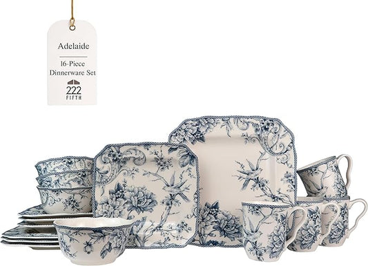 222 Fifth Adelaide 16-Piece Square Floral Dinnerware Set – Service for 4, Blue & White Porcelain Plates & Bowls, for Everyday Dining & Entertainment, Microwave & Dishwasher Safe, Chip Resistant