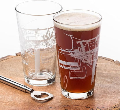 Black Lantern Pint Glass Set of 2 - Premium Ski and Skiing Themed Beer Glass and Everyday Drinking Glasses - 16 Ounce Pint Glass - Craft Beer Enthusiasts - Après-Ski and Cabin Decor (Ski Lift White)