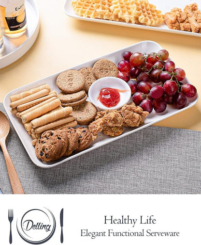 DELLING Large Serving Platter Set 12in White Rectangular Serving Plates/Salad Dish - Big Serving Trays for Parties Meat, Sushi, Dinner Plate Oven Safe Dinnerware Set of 3