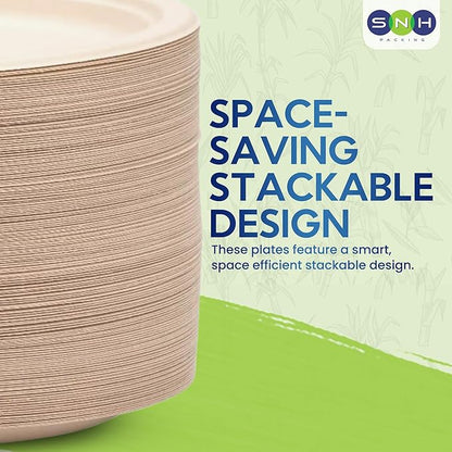 SNH Packing 100% Compostable Plates 10 Inch [125-Pack], Heavy Duty Dinner Paper Plates, Eco-Friendly Biodegradable Sugarcane Bagasse, Natural Brown Disposable Plates for Dessert, Party, BBQ & Picnic