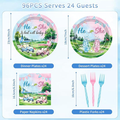 96 Pcs Golf Gender Reveal Decorations, He or She Tableware Set | Golf Cart Theme - Image 2