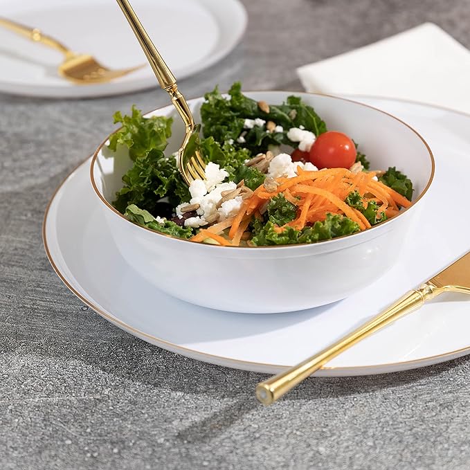 Edge Collection White with Gold Rim Plastic Party Soup Bowls Premium - Image 2