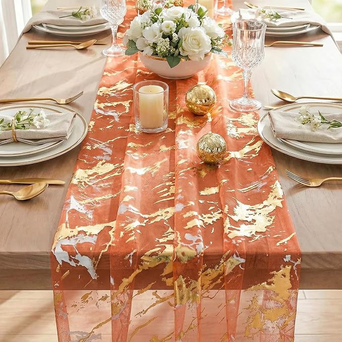 Artoid Mode Marble Pattern Orange Gauze Table Runner 10FT, Glitter Metallic - Image 6