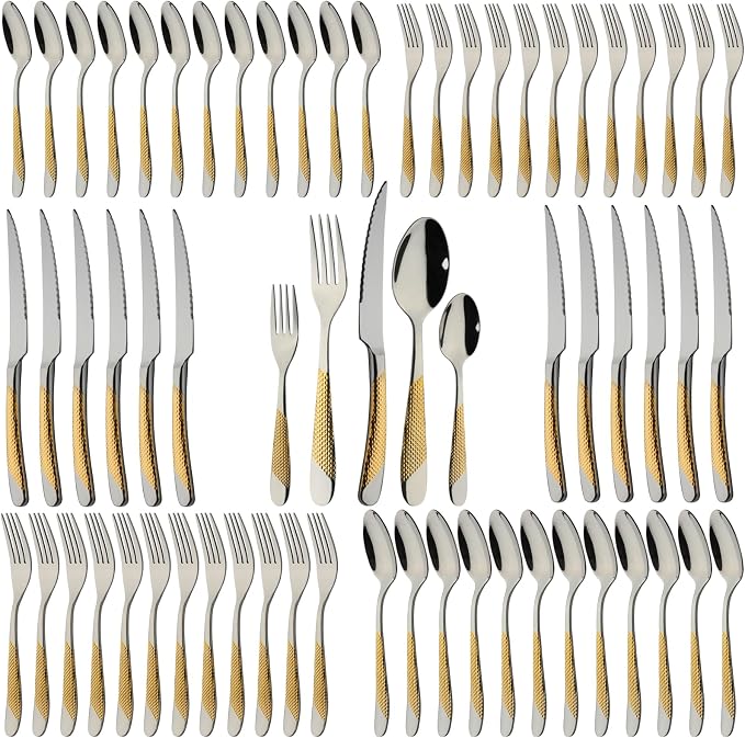 Gold Silverware Set 60-Piece Stainless Steel Flatware Cutlery Set Service by X-zrew
