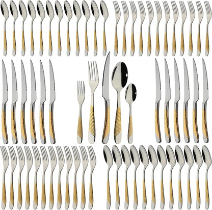 Gold Silverware Set 60-Piece Stainless Steel Flatware Cutlery Set Service by X-zrew