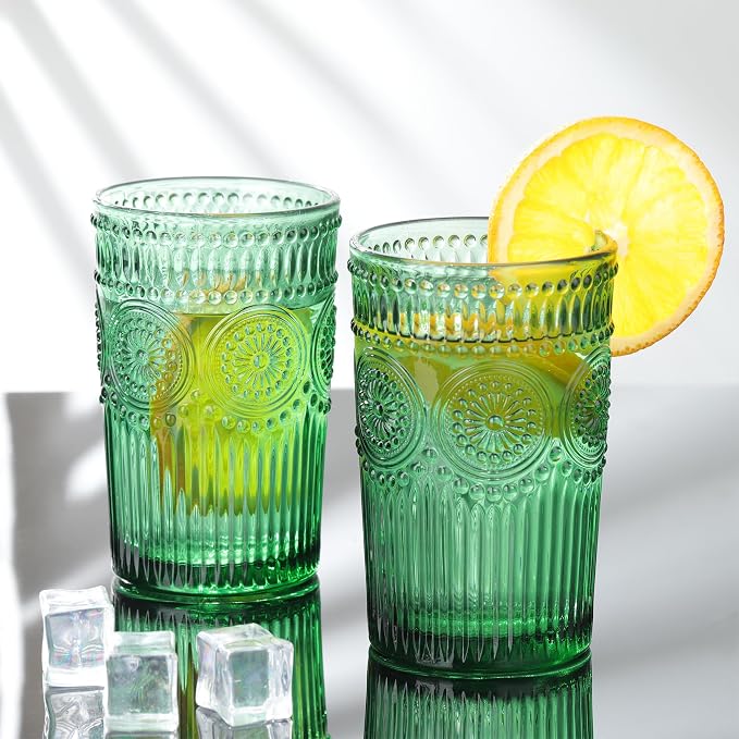 Joeyan Green Vintage Drinking Glasses, Embossed Ribbed Water Glass Cups - Image 2