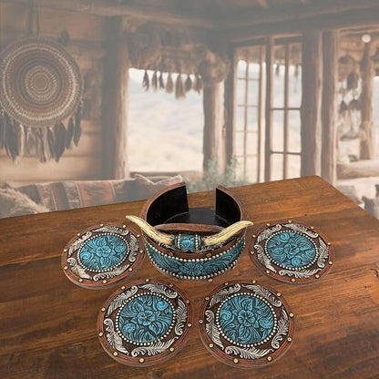 BestGiftEver Rustic Southwestern Coasters Set | Faux Horn & Tooled - Image 6