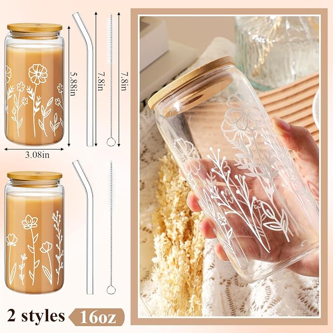 Mumufy 2 Pack Glass Cups Gift Aesthetic Cute Glass Cup Tumbler Flower Iced - Image 2