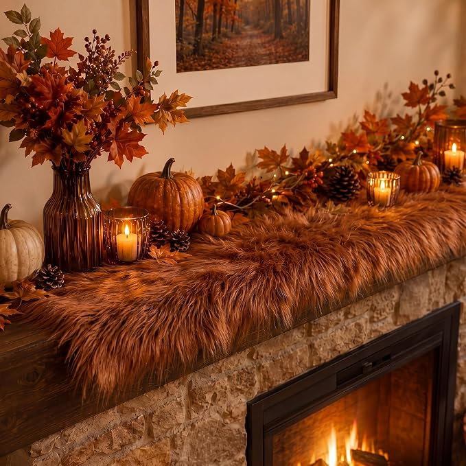 Irenare Fall Thanksgiving Table Runner Terracotta Decor Small Luxury Faux Fur - Image 6