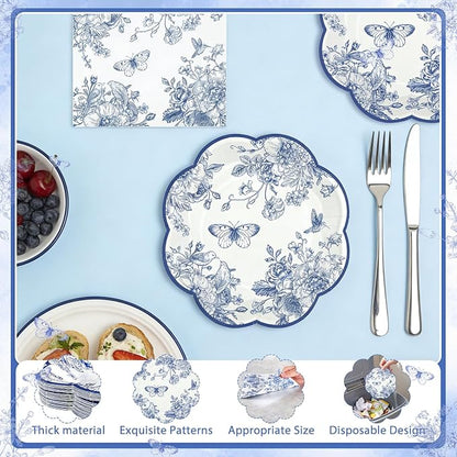 NatNarr 50 Pcs Blue Floral Plates and Napkins, Bridal Baby Showe - Image 4