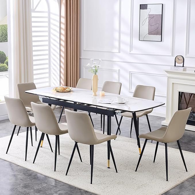 Extendable Dining Table Set for 8, 55'' to 78.8'' Rectangular Thickened Sintered Stone Kitchen Table with 8 Upholstered Chairs, Modern Space Saving 9-Piece Dinner Table Set
