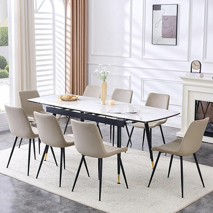 Extendable Dining Table Set for 8, 55'' to 78.8'' Rectangular Thickened Sintered Stone Kitchen Table with 8 Upholstered Chairs, Modern Space Saving 9-Piece Dinner Table Set