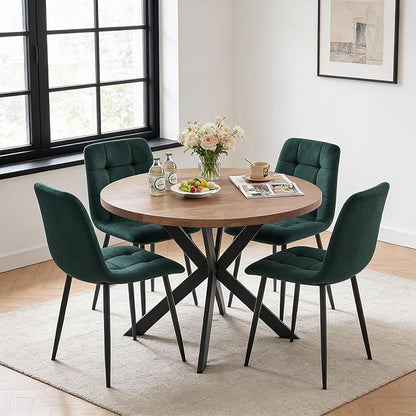 5-Piece Round Dining Table Set - Kitchen Table Chairs Set of 4 with Green Velvet Upholstered Chairs -Dining Table Set for 4