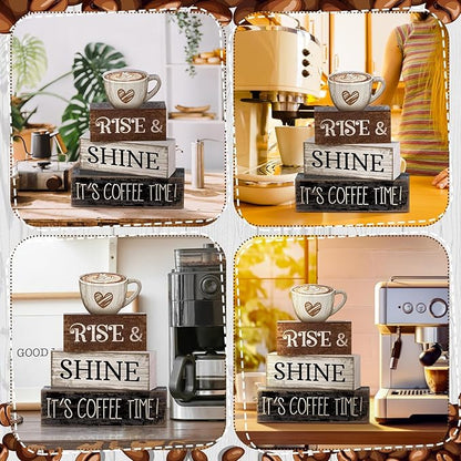 Moucuny 4 Pcs Farmhouse Coffee Bar Sign Decor Wooden Cup Rise & Shine It's - Image 5