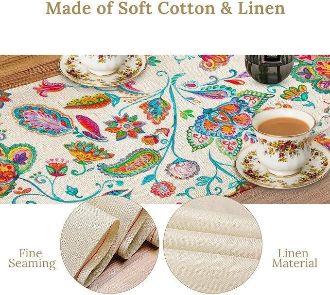 Paisley Table Runner, Watercolor Floral Oriental Indian Traditional Tulips - Image 6