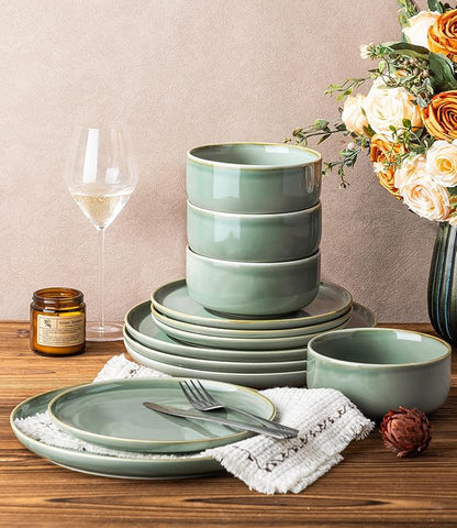 TheTerra Ceramic Dinnerware Sets for 4, 12 Pieces Handmade Reactive Glaze Plates and Bowls Set, Scratch Resistant Dish Set, Oven & Microwave & Dishwasher Safe, Eucalyptus