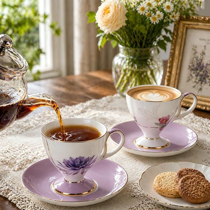 KAMMAK Tea Cups Set of 2, Ceramic Floral Pattern Demitasse Cup | Porcelain - Image 7