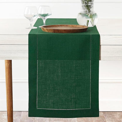 D'Moksha Homes Linen Forest Green Table Runner 48 Inches - Classic Hemstitch, 100% Pure Linen Coffee Table Runner 14 x 48 Inch Ideal for Dresser Tables - St Patricks Day, Easter