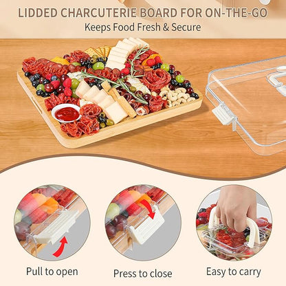 Portable Travel Charcuterie Board with Lid and Handle - Large Bamboo Cheese Board with 4 Cheese Knife Set for Outdoor, Picnics - Weddings, House Warming Gift for Women (6 Compartments, White)